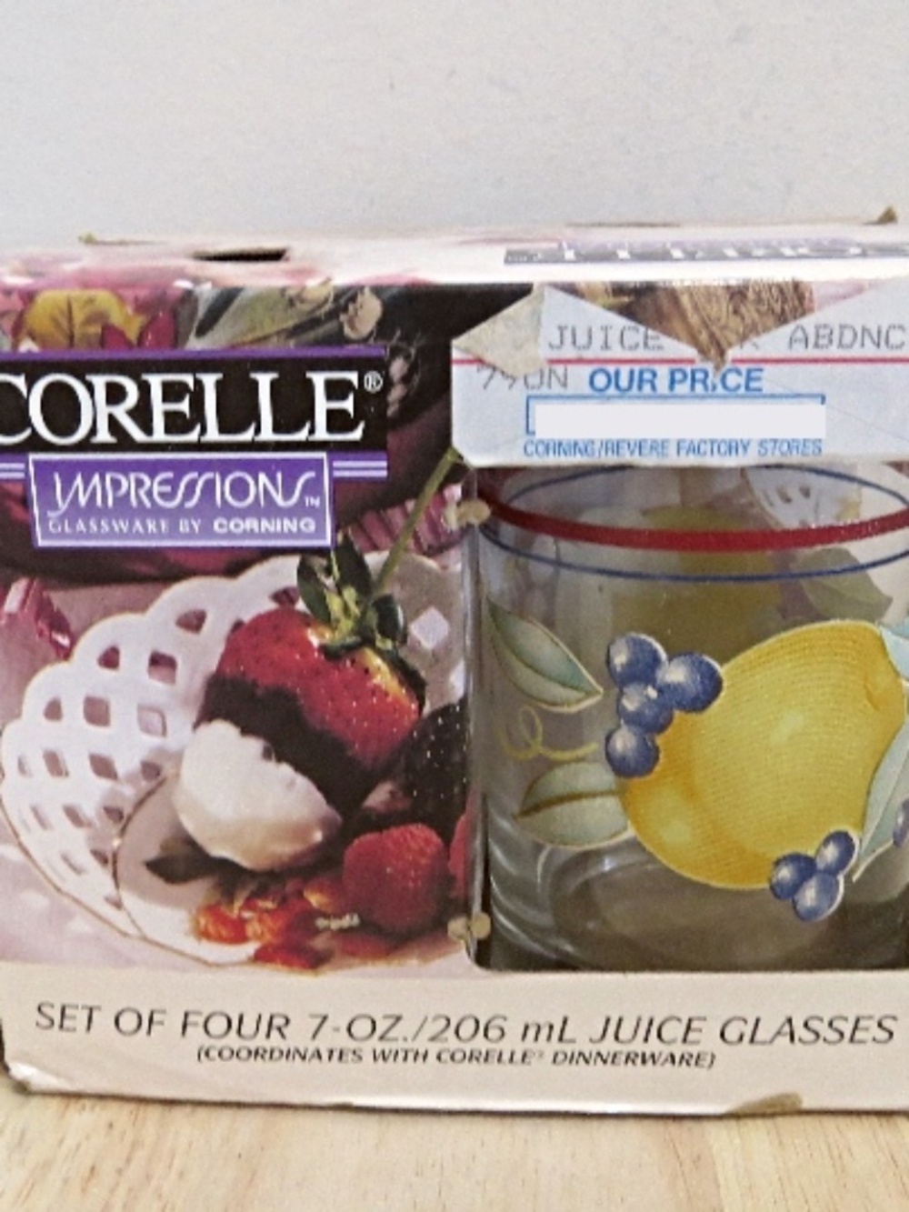New Vintage Corelle Impressions "Abundance" Juice Glasses. Set of 4.